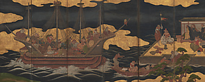 A Portuguese Trading Ship Arrives in Japan, Unidentified artist, Pair of six-panel folding screens; ink, color, gold, and gold-leaf on paper, Japan